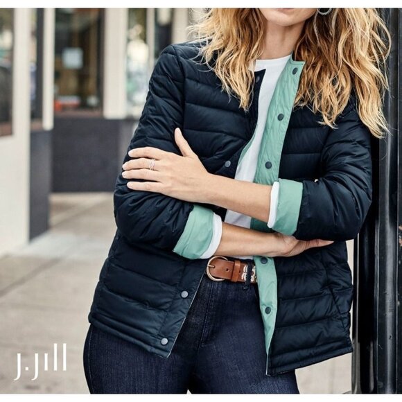 J Jill Womens XL Classic Navy and Fresh Seafoam Reversible Down Puffer Jacket - Picture 1 of 13